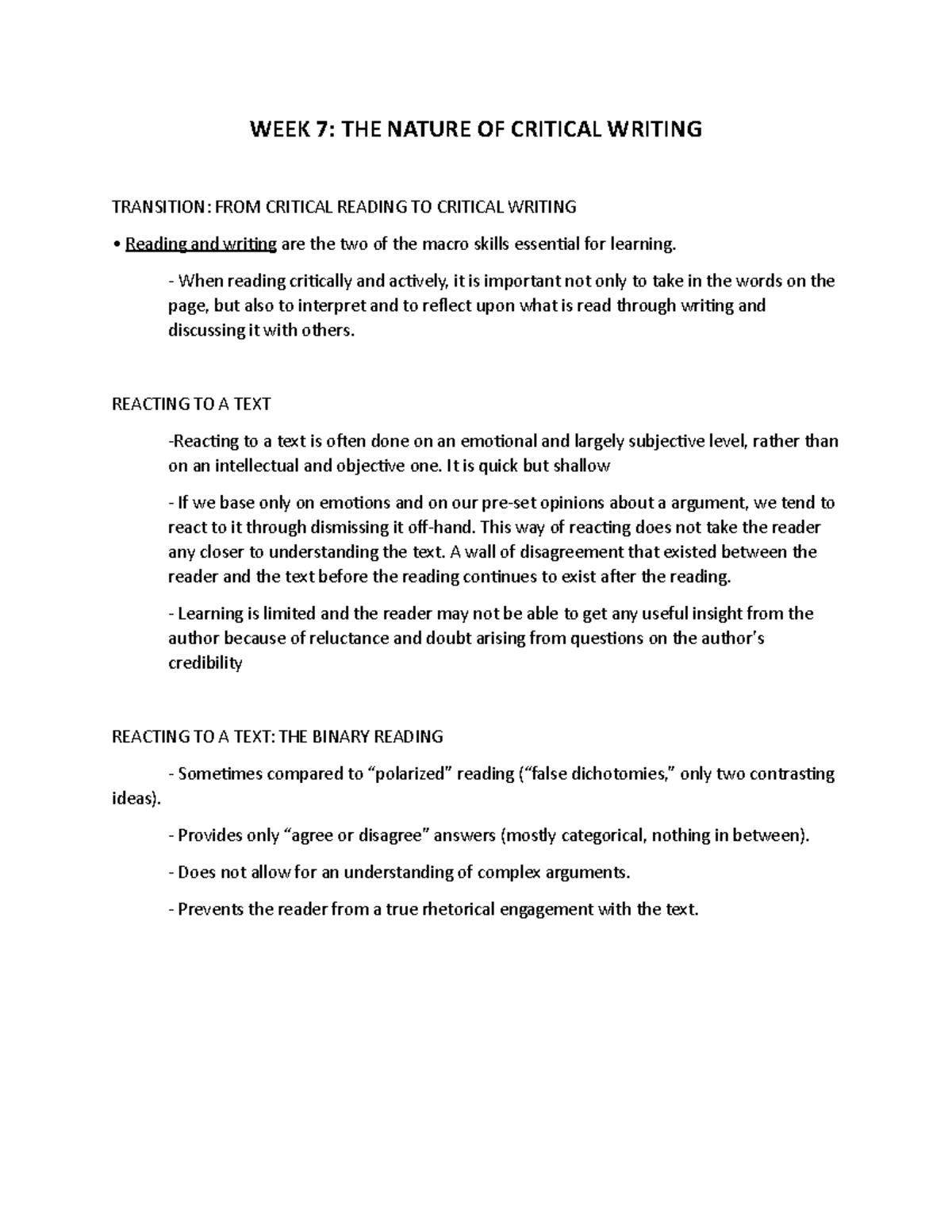 CRWT 111 Midterm Reviewer: Key Concepts in Critical Writing - Studocu