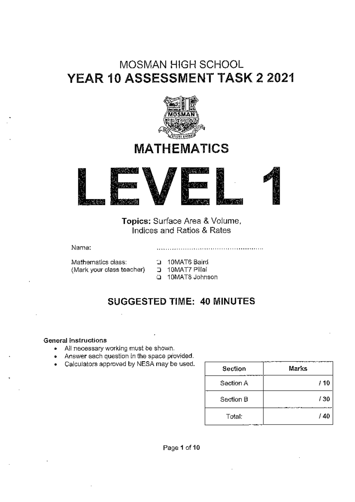 MOSMAN HIGH SCHOOL YEAR 10 ASSESSMENT TASK 2 2021 MATHEMATICS LEVEL 1 ...