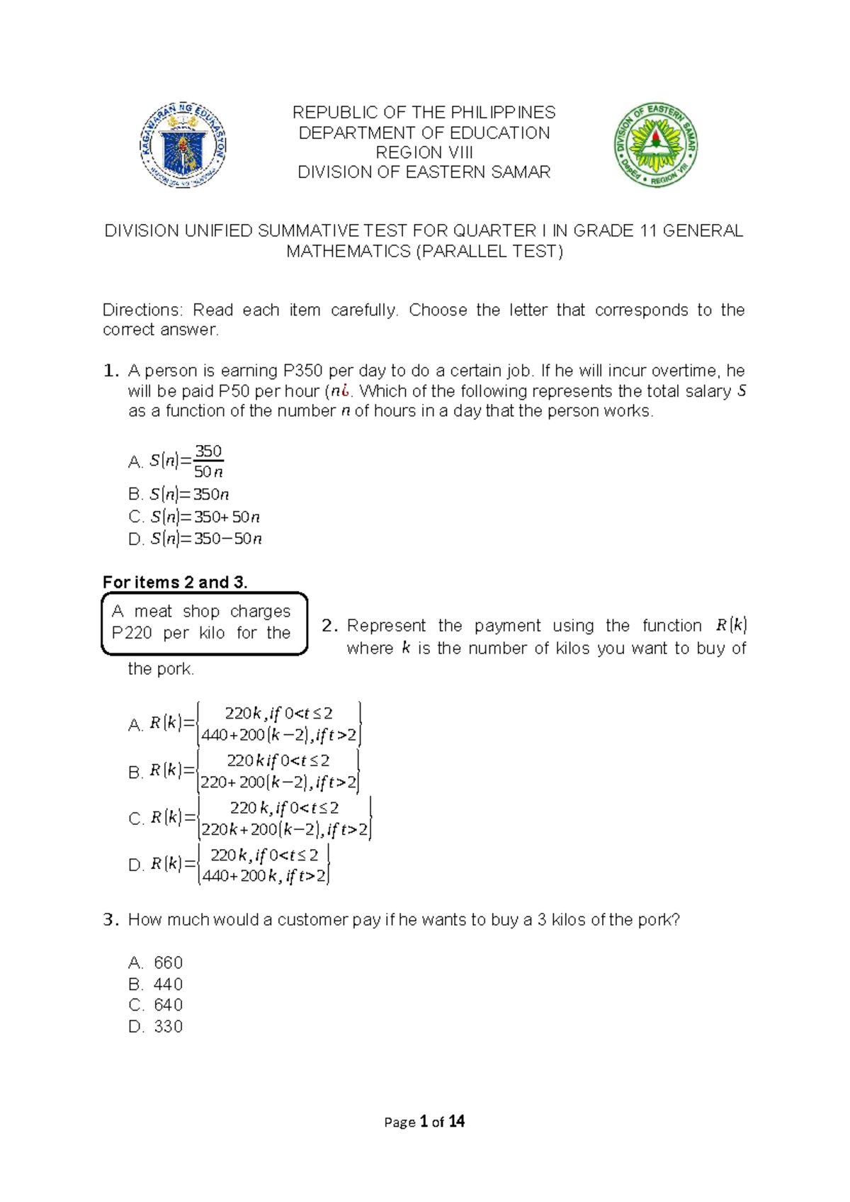 Unified Summative Test Q1: Grade 11 General Mathematics - Studocu
