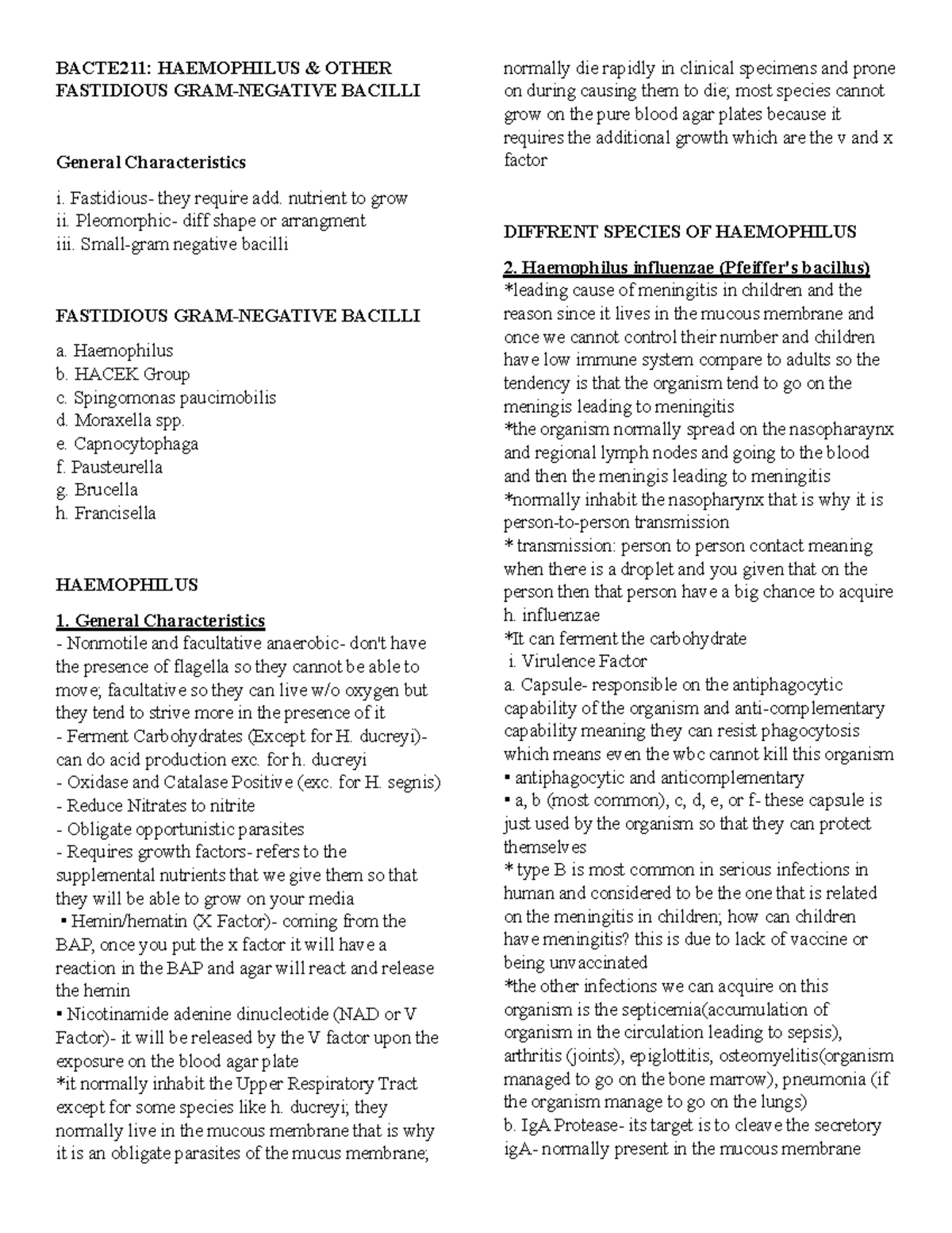 BACTE211: WEEK 15 - Haemophilus & Fastidious Bacilli Overview - Studocu