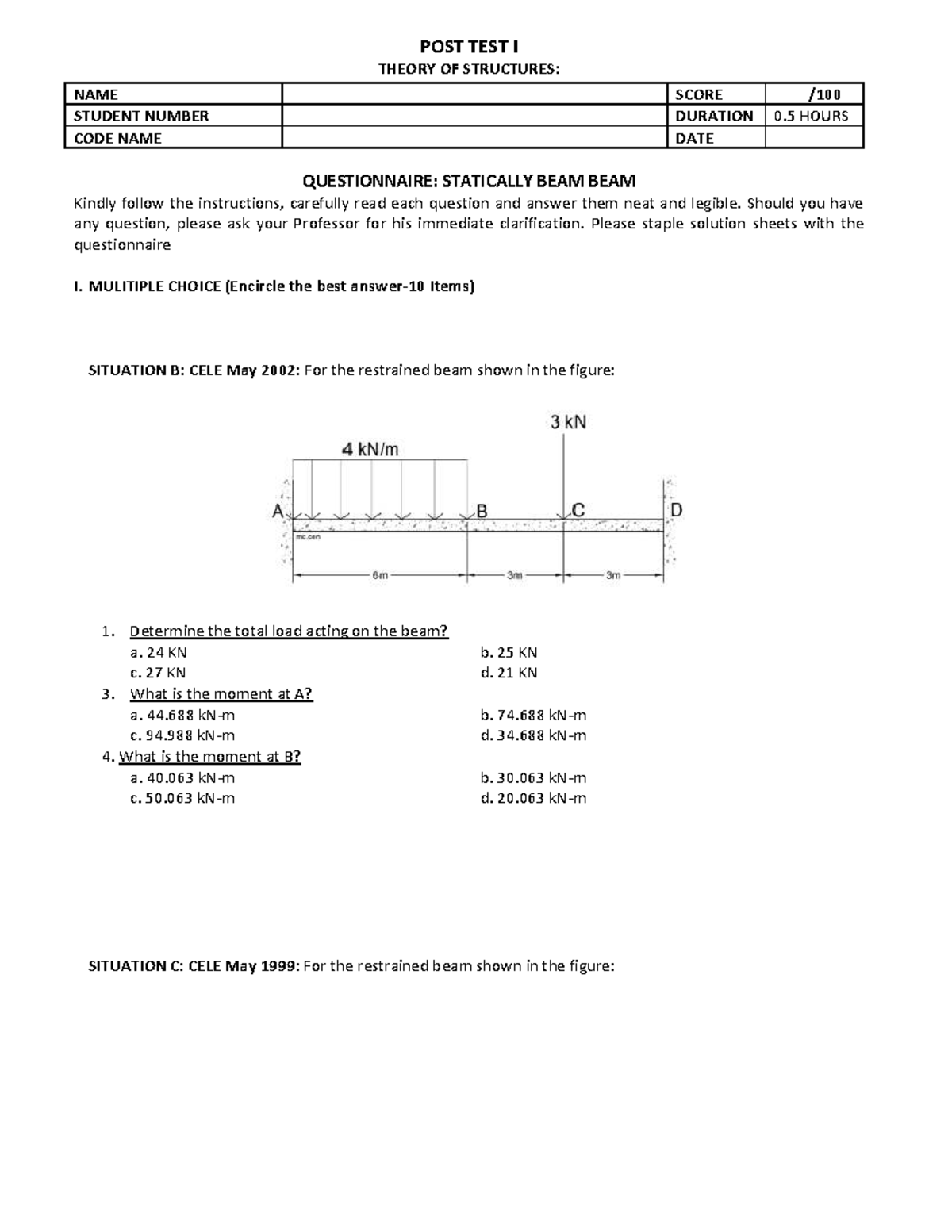 POST TEST I: THEORY OF STRUCTURES (CODE: PSOT) - EXAM QUESTIONS - Studocu