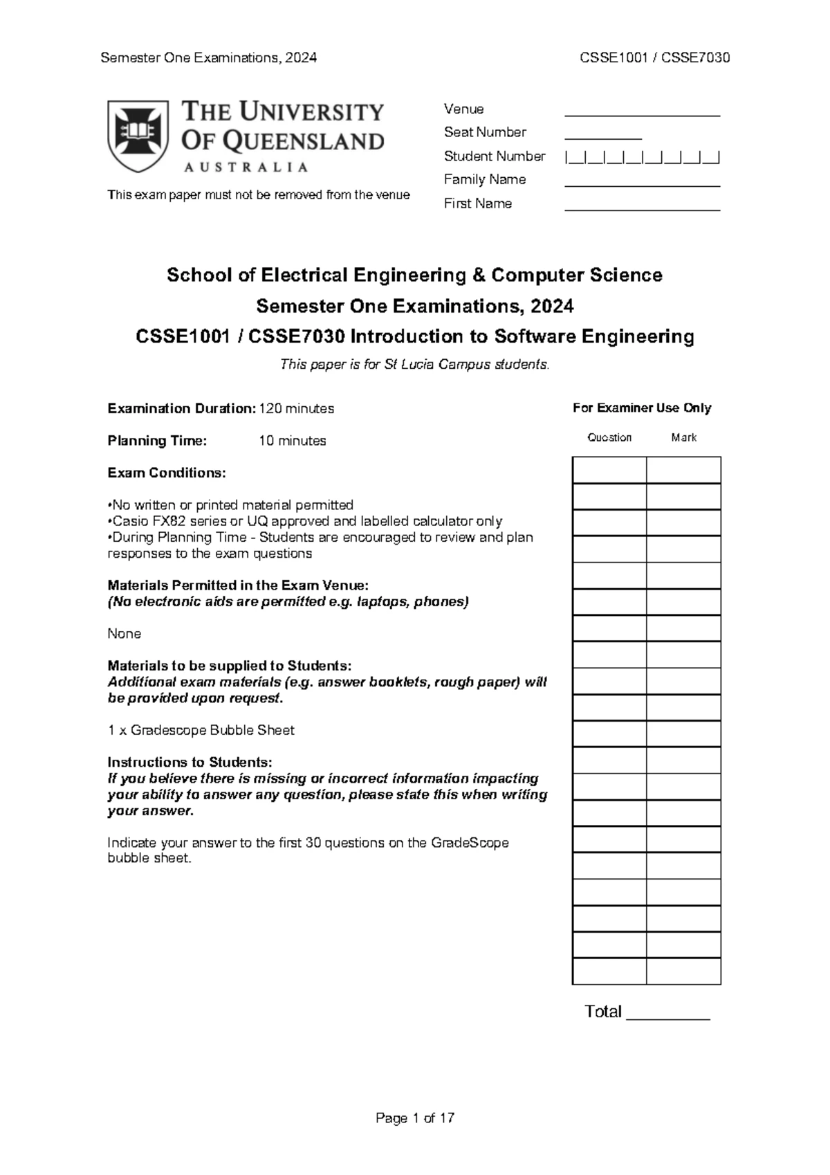 Semester Two Final Exam 2022 CSSE1001: Introduction to Software ...
