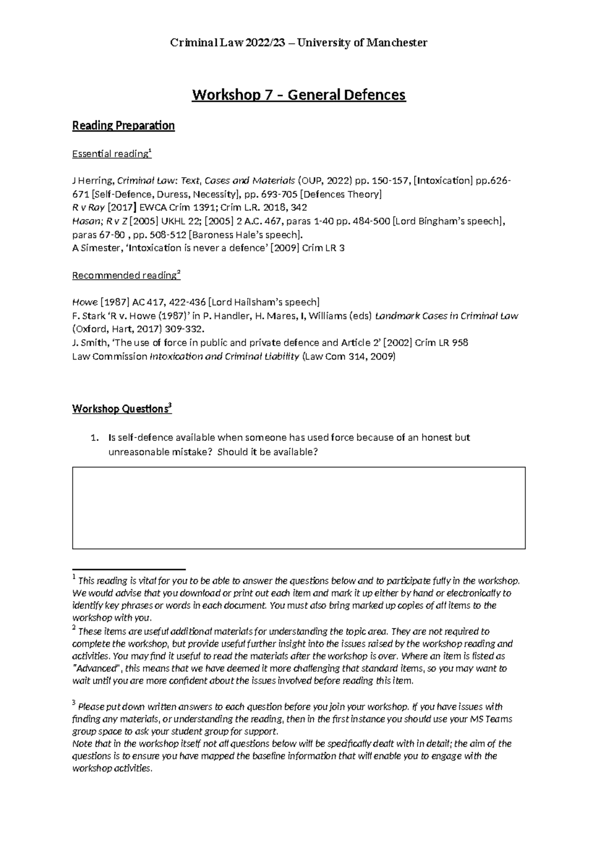 Criminal Law Workshop 7: General Defences Overview and Preparation ...