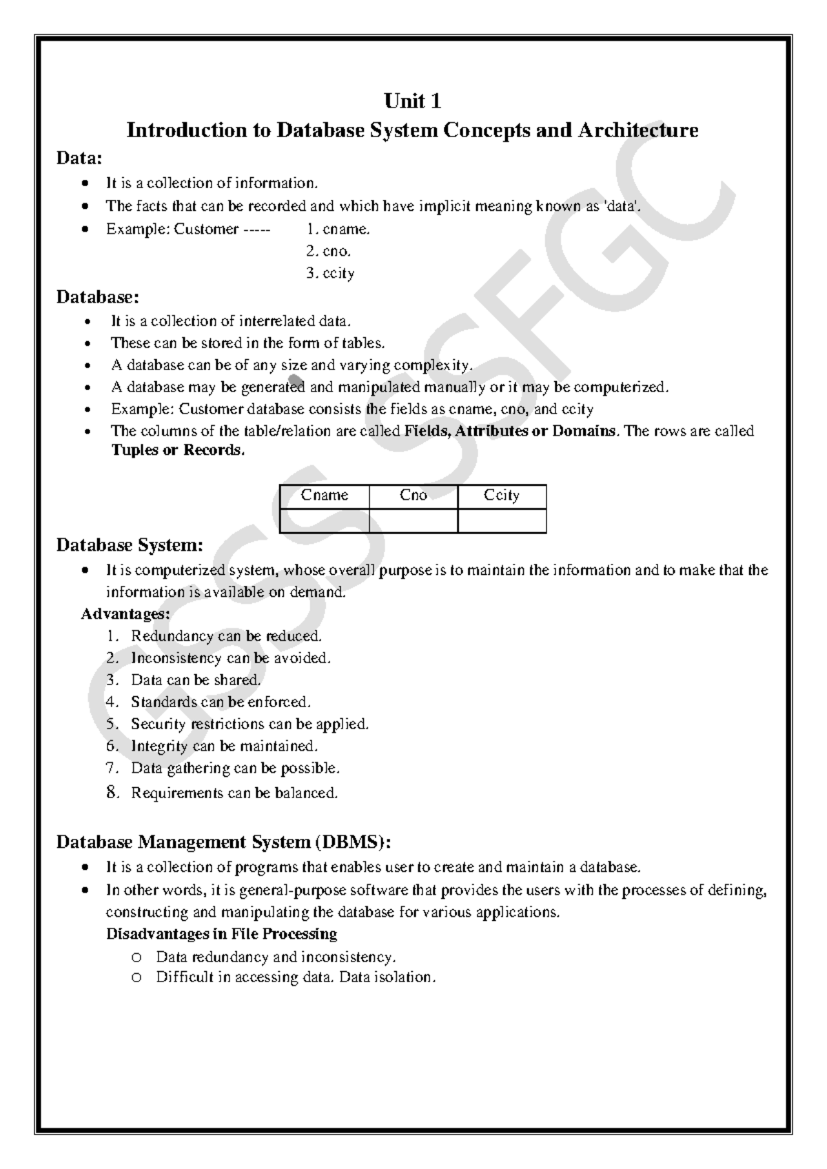 DBMS Unit 1: Introduction to Database Concepts and Architecture Notes ...