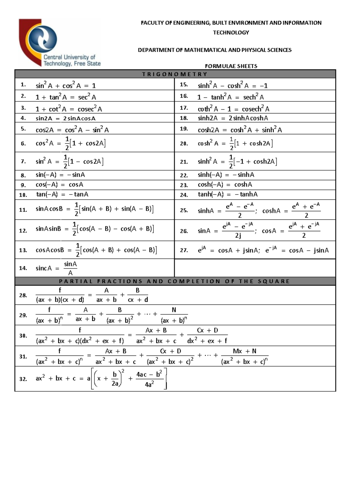 Formulae Sheet for MTH21ES & MTC22ES: Trigonometry & Integration - Studocu