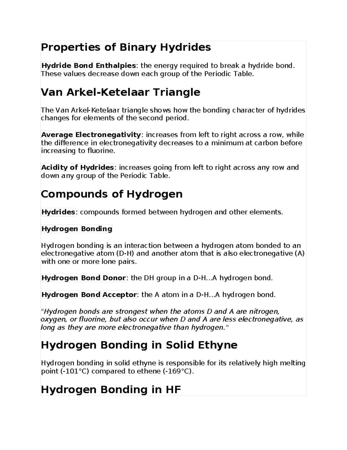Hydrogen Notes 6: Understanding Binary Hydrides and Bonding - Studocu