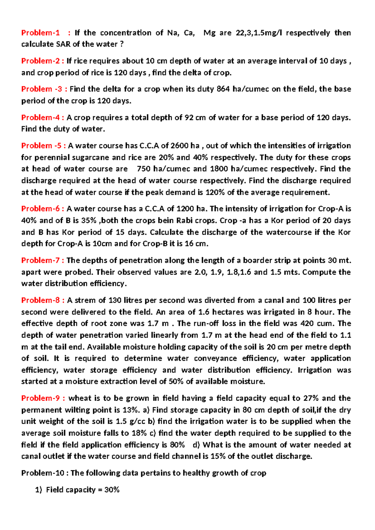 Module-1 Numericals on Water Management Calculations - Studocu