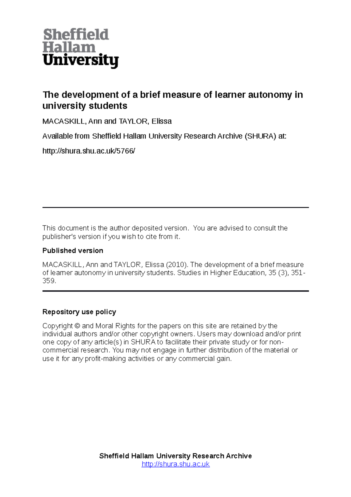 Development of a Brief Measure of Learner Autonomy in University ...