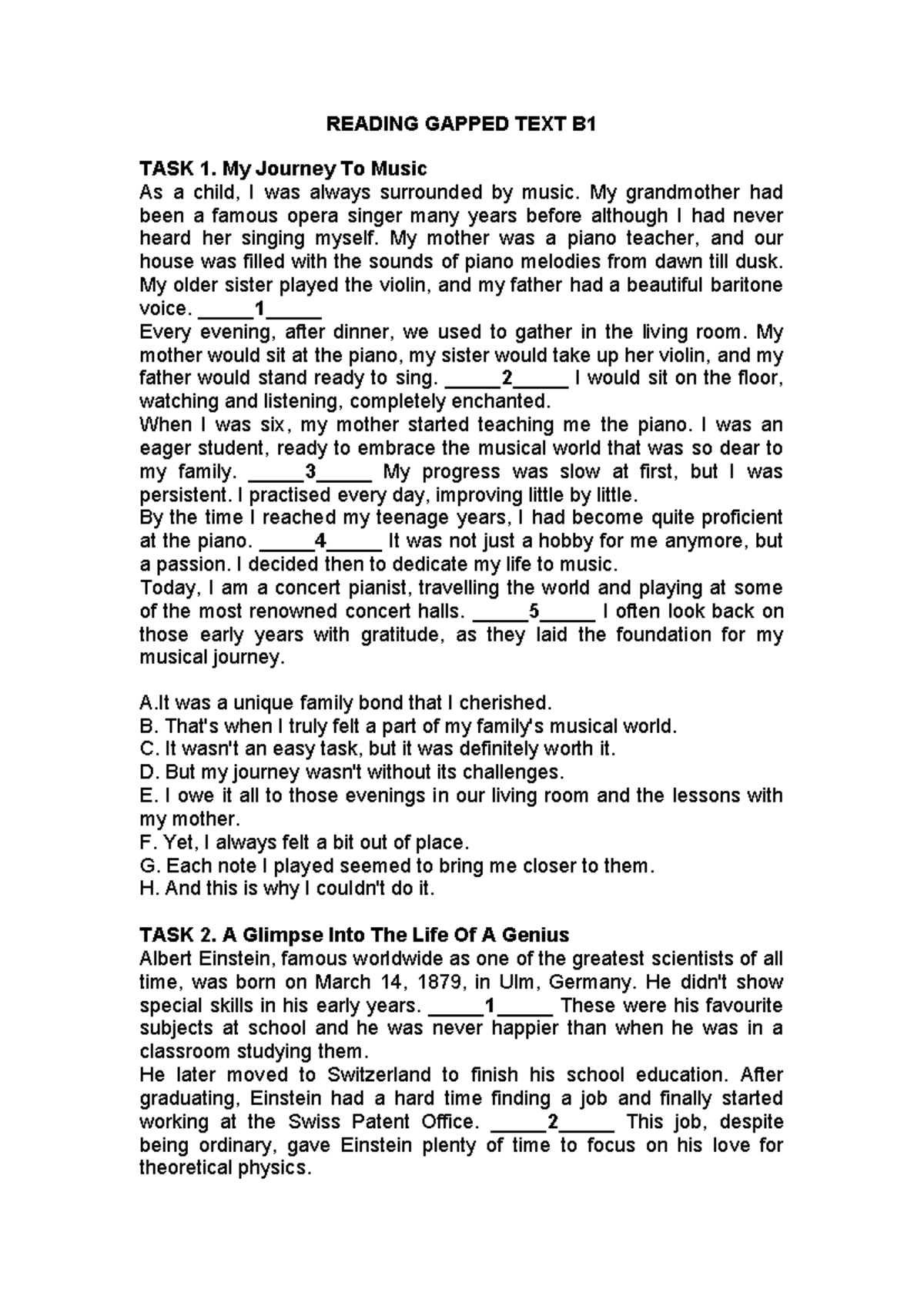 Reading Gapped Text B1: My Journey to Music and Beyond - Studocu