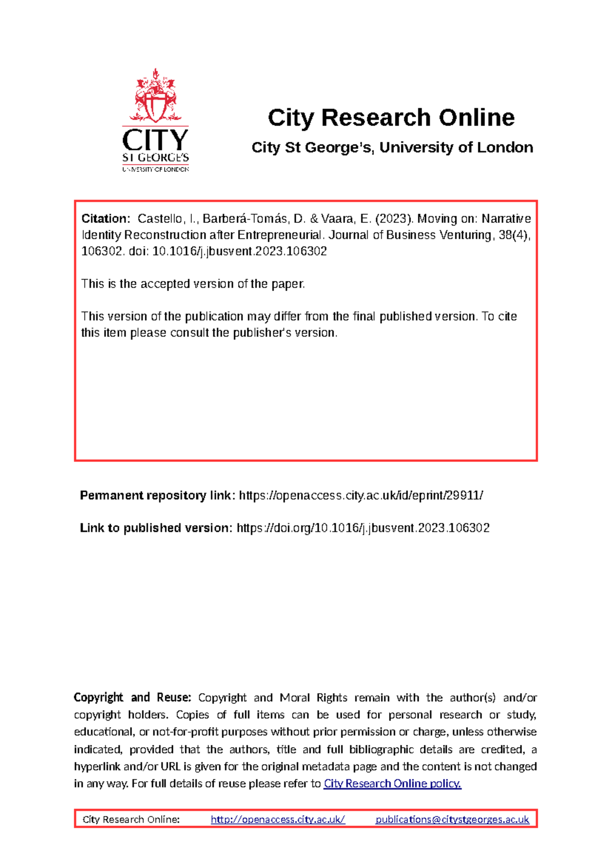 City Research Online: Moving on - Narrative Identity Reconstruction in ...