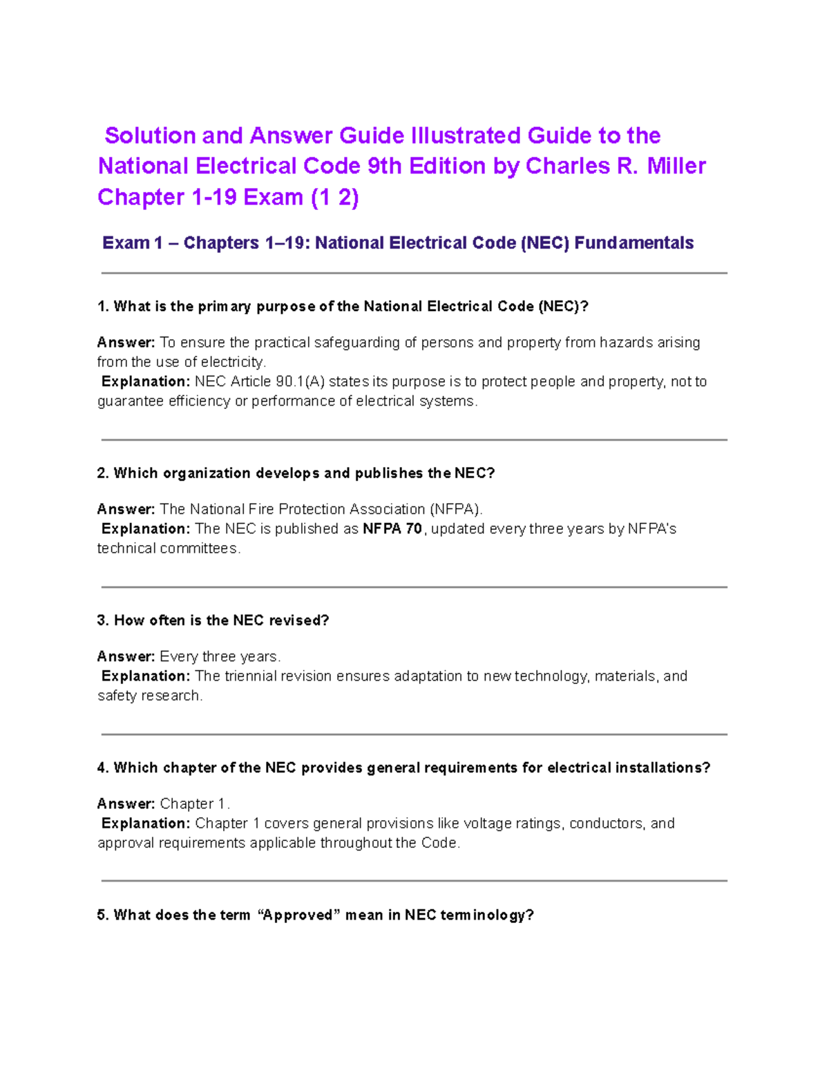 NEC 9th Ed. Illustrated Solution & Answer Guide: Chapters 1-19 Exam ...