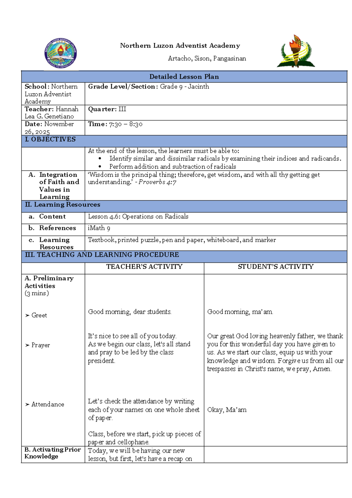 Grade 9 Math Lesson Plan: Addition & Subtraction of Radicals - Studocu