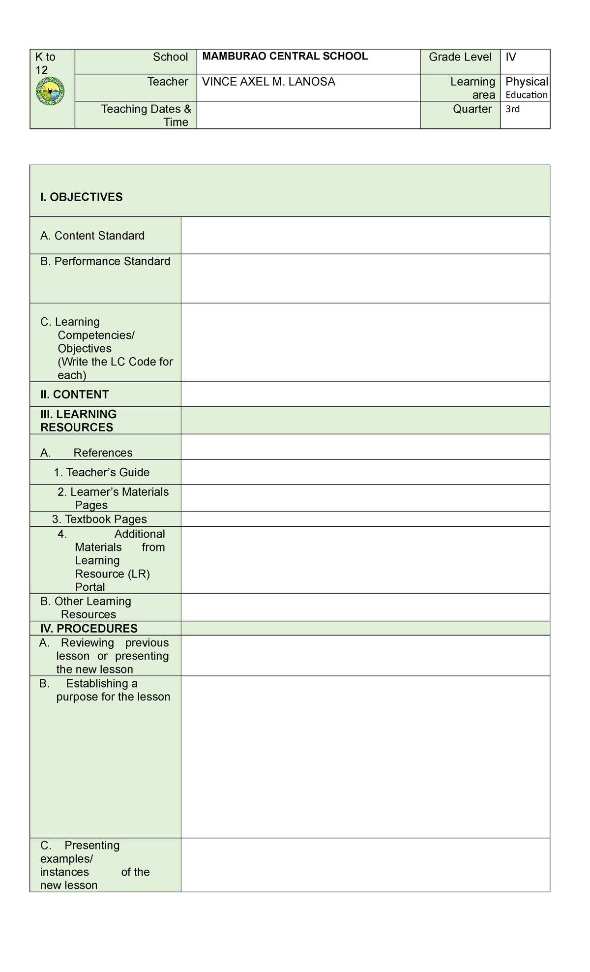 AP LP - Lesson Plan - K to 12 School MAMBURAO CENTRAL SCHOOL Grade ...