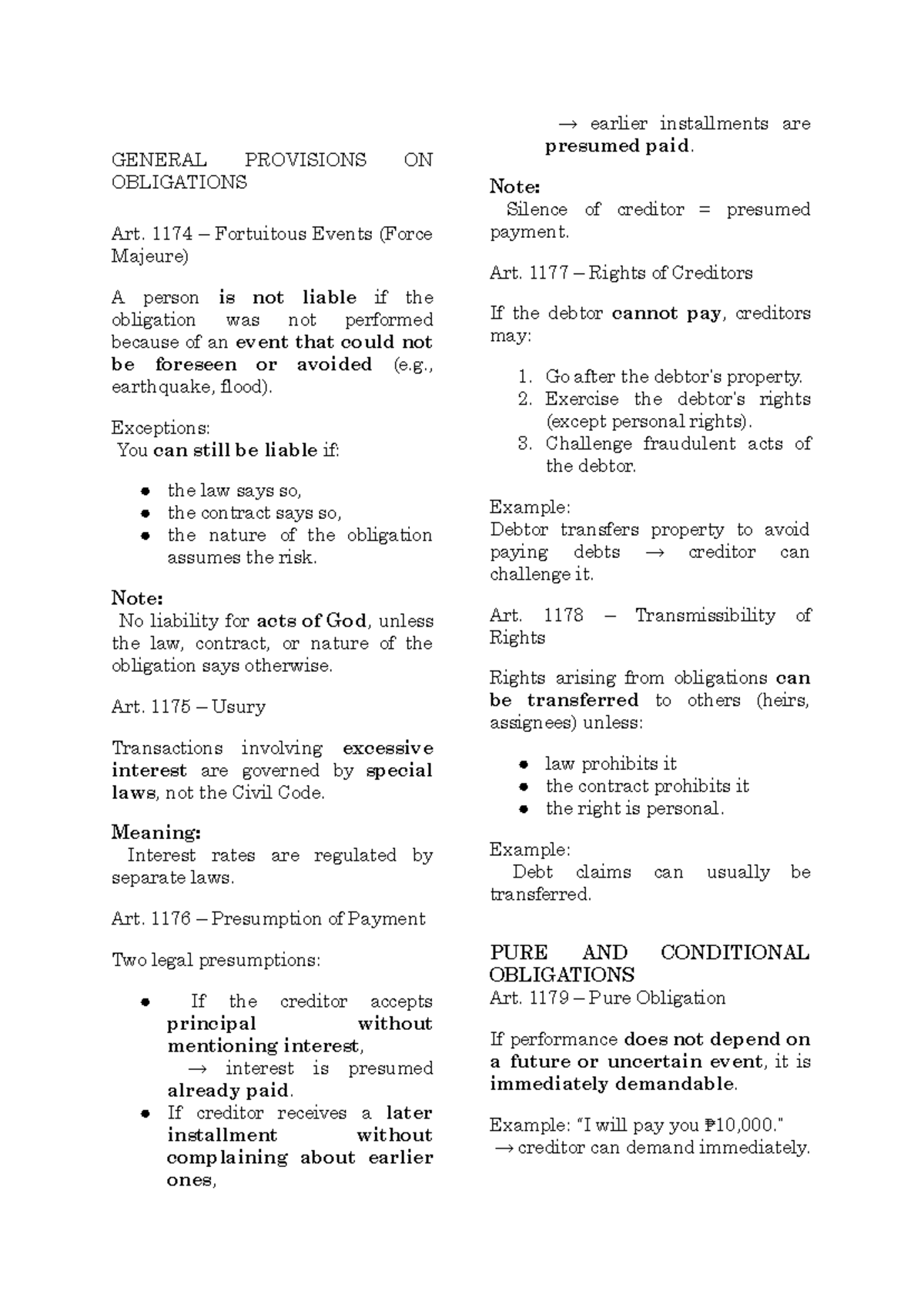 Art. 1174-1199: Obligations & Contracts Overview - Studocu