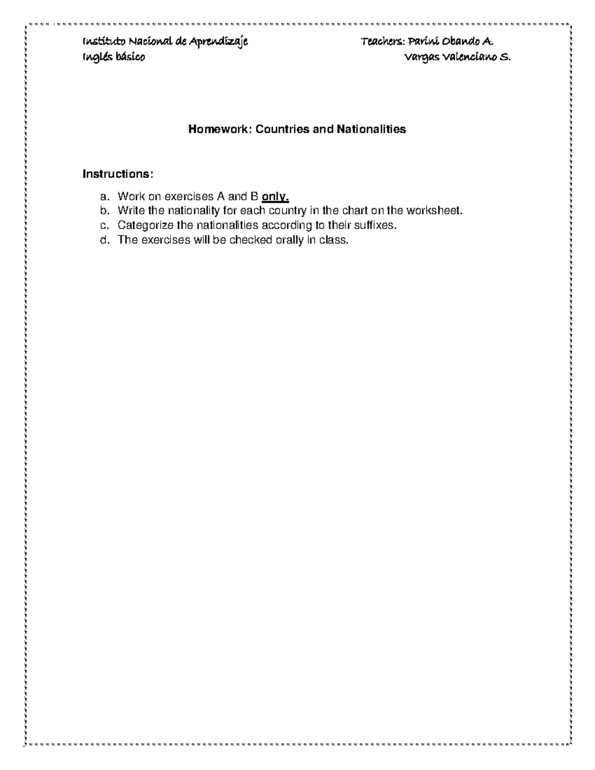 Inglés Básico: Countries and Nationalities Homework Instructions - Studocu
