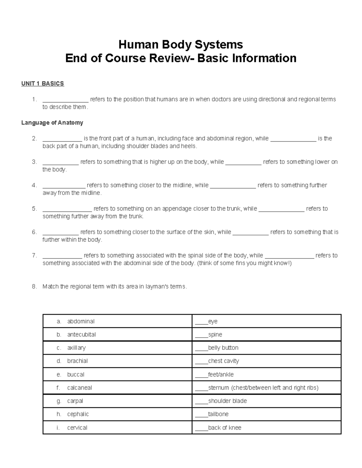 HBS 2024 End of Course Study Guide: Human Body Systems Basics - Studocu