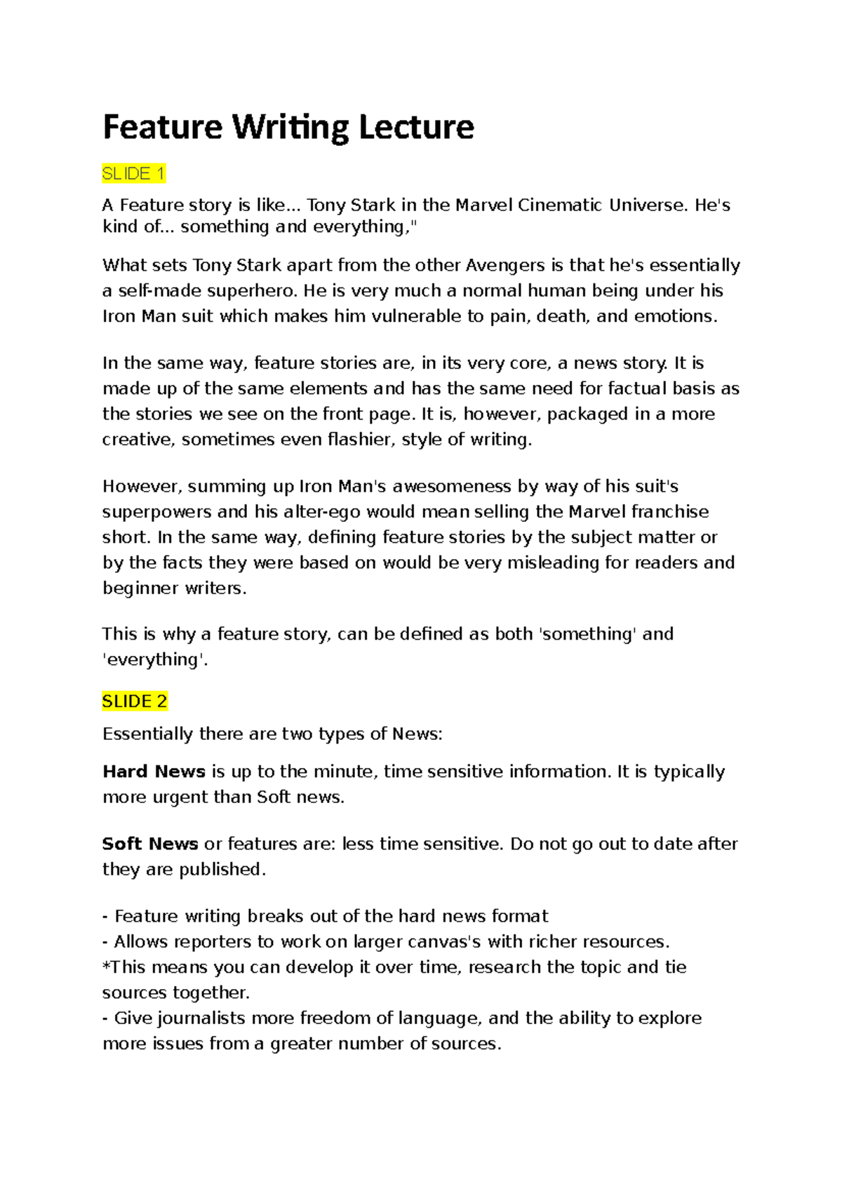 Feature Writing Lecture: Understanding News and Soft Features - Studocu