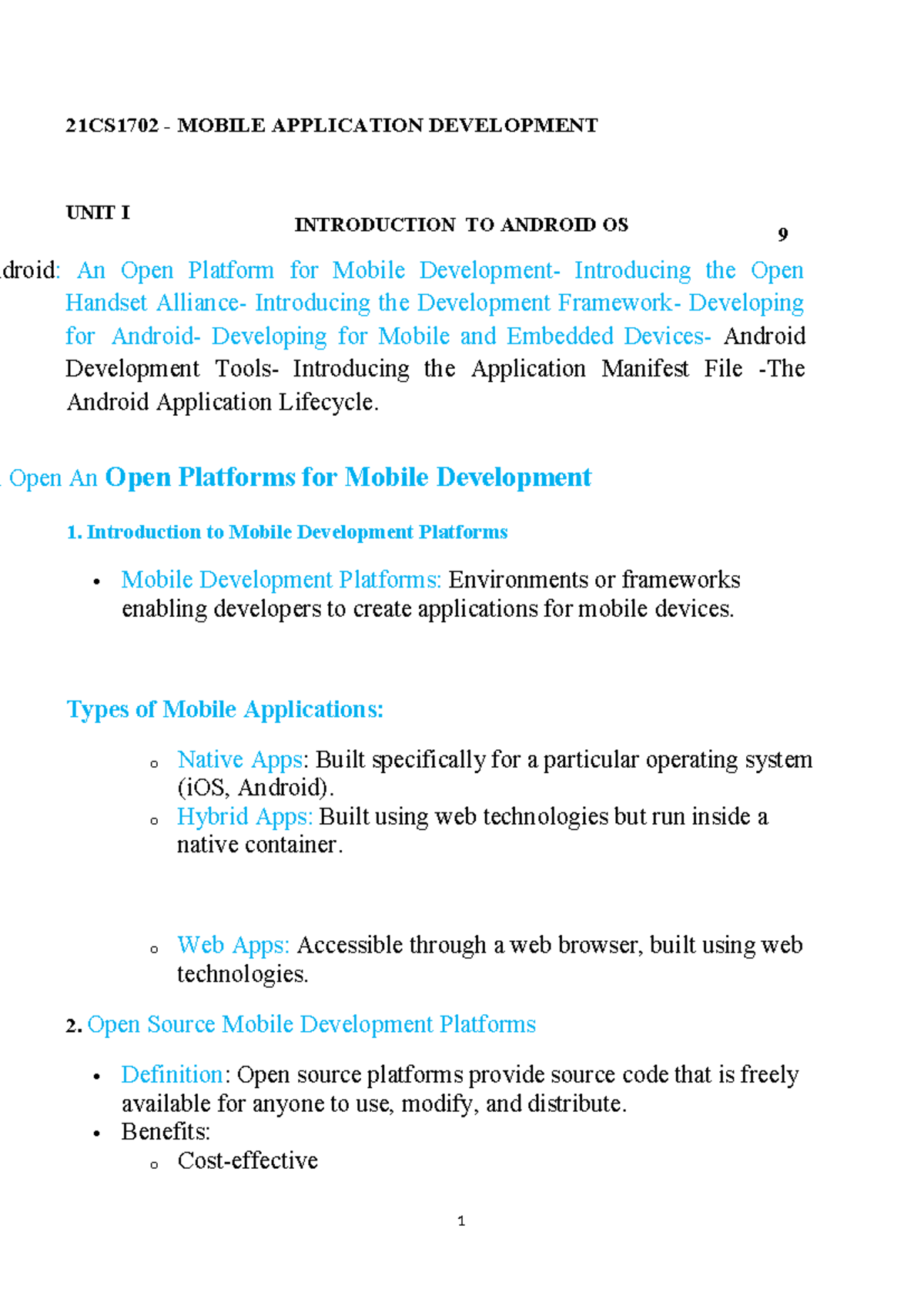 BE MAD 21CS1702 UNIT I: Intro to Android OS & Mobile Development - Studocu