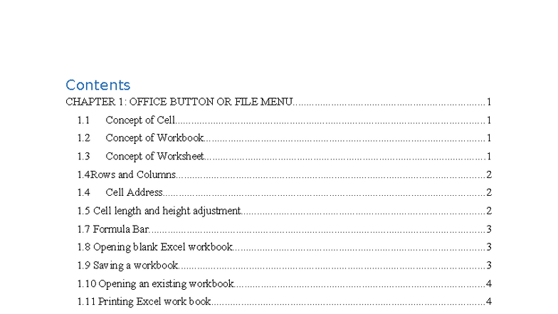 MS Excel lab report - vvd - Contents CHAPTER 1: OFFICE BUTTON OR FILE ...