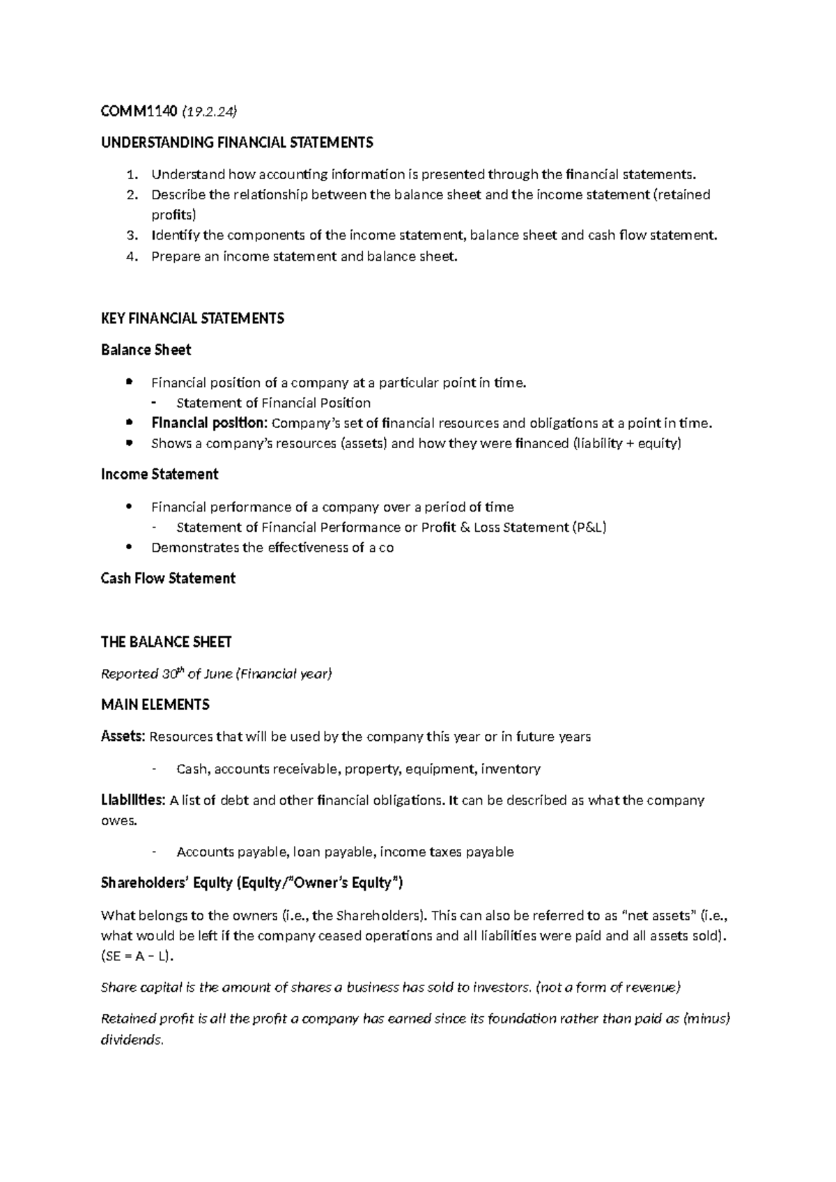 COMM1140 Lecture Notes: Understanding Financial Statements - Studocu