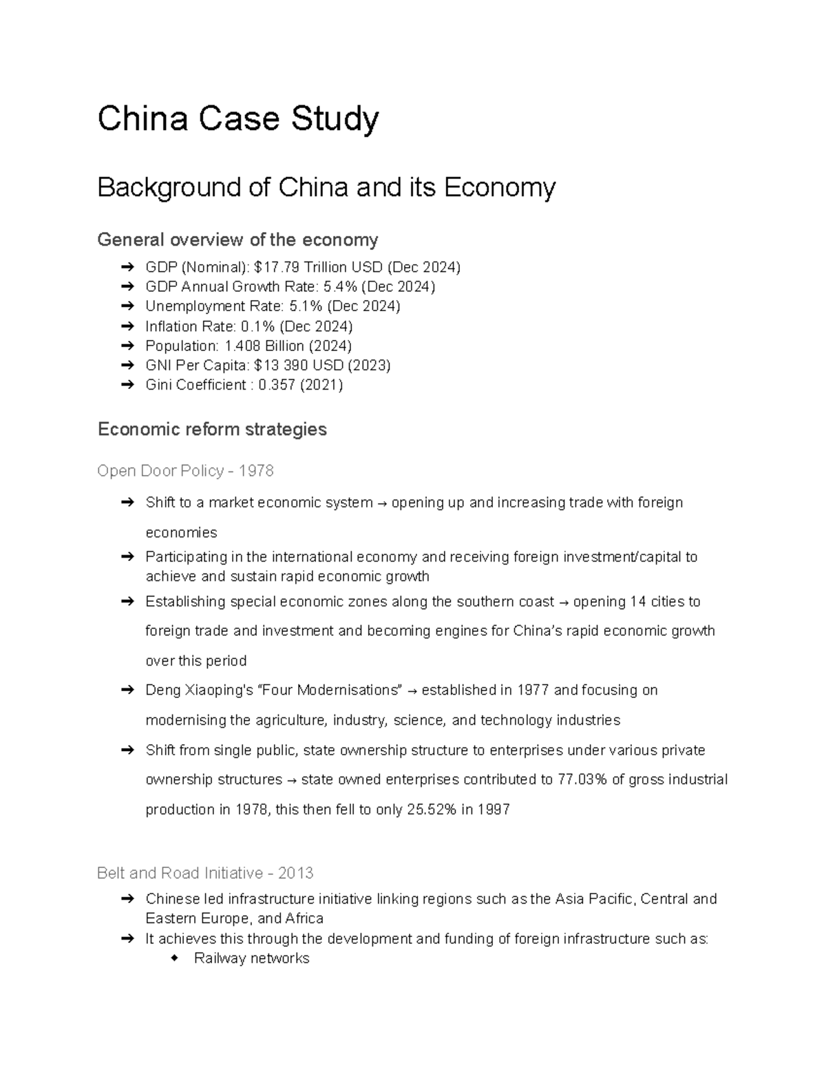 China Case Study: Economic Overview and Growth Strategies - Studocu