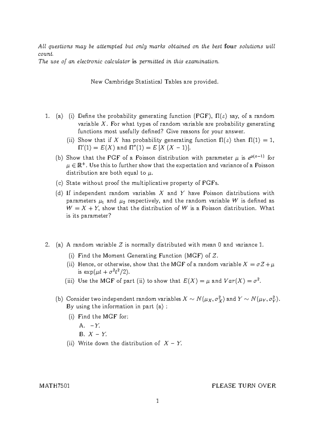 MATH7501 Final exam notes on probability generating functions and ...