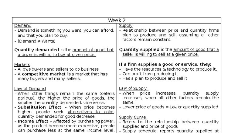 ENS W2 - Week 2 Summary: Demand and Supply Concepts - Studocu