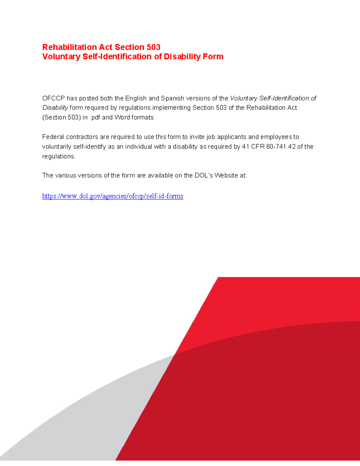 Voluntary Self ID of Disability - Rehabilitation Act Section 503 ...