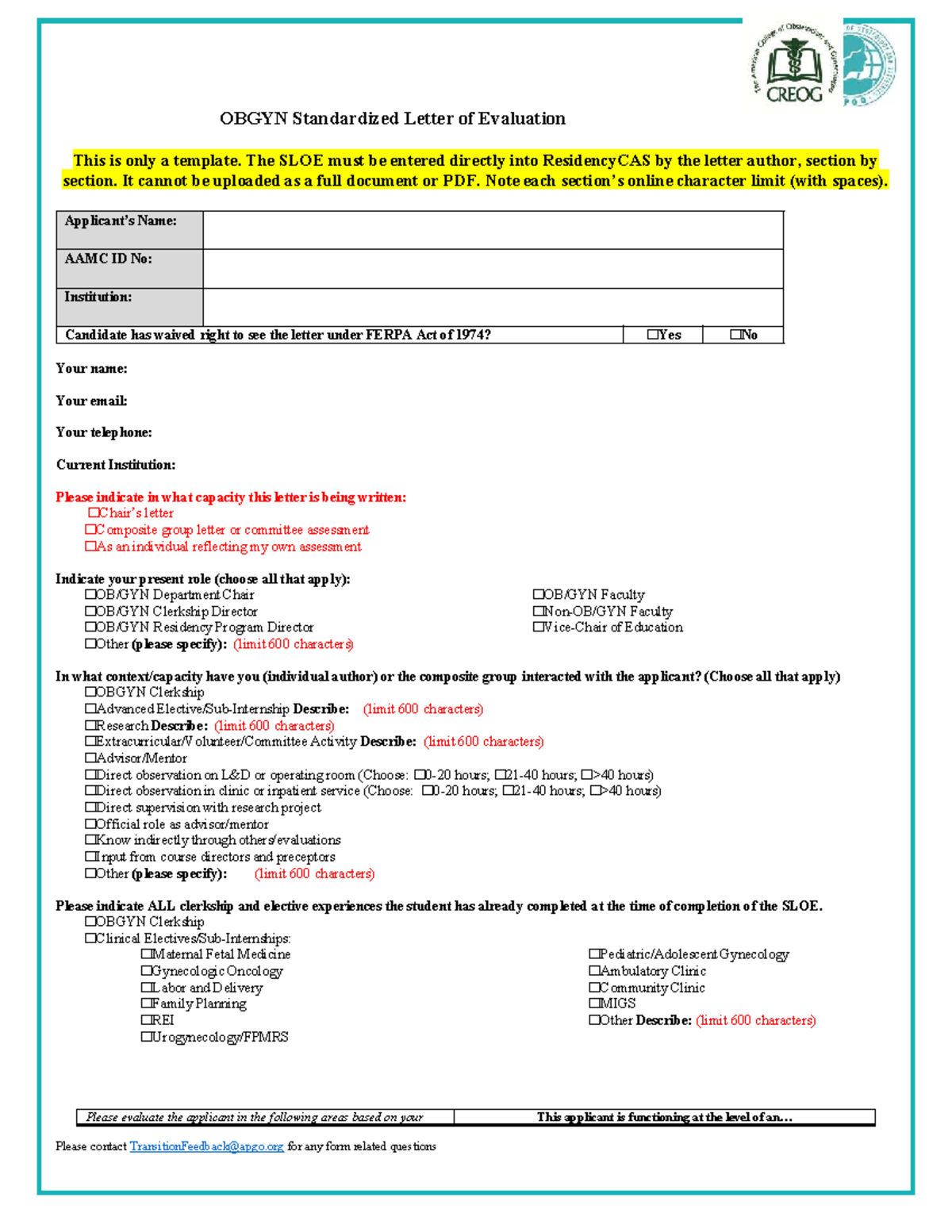 OBGYN SLOE Template for 2025-26 Residency Applications - Studocu