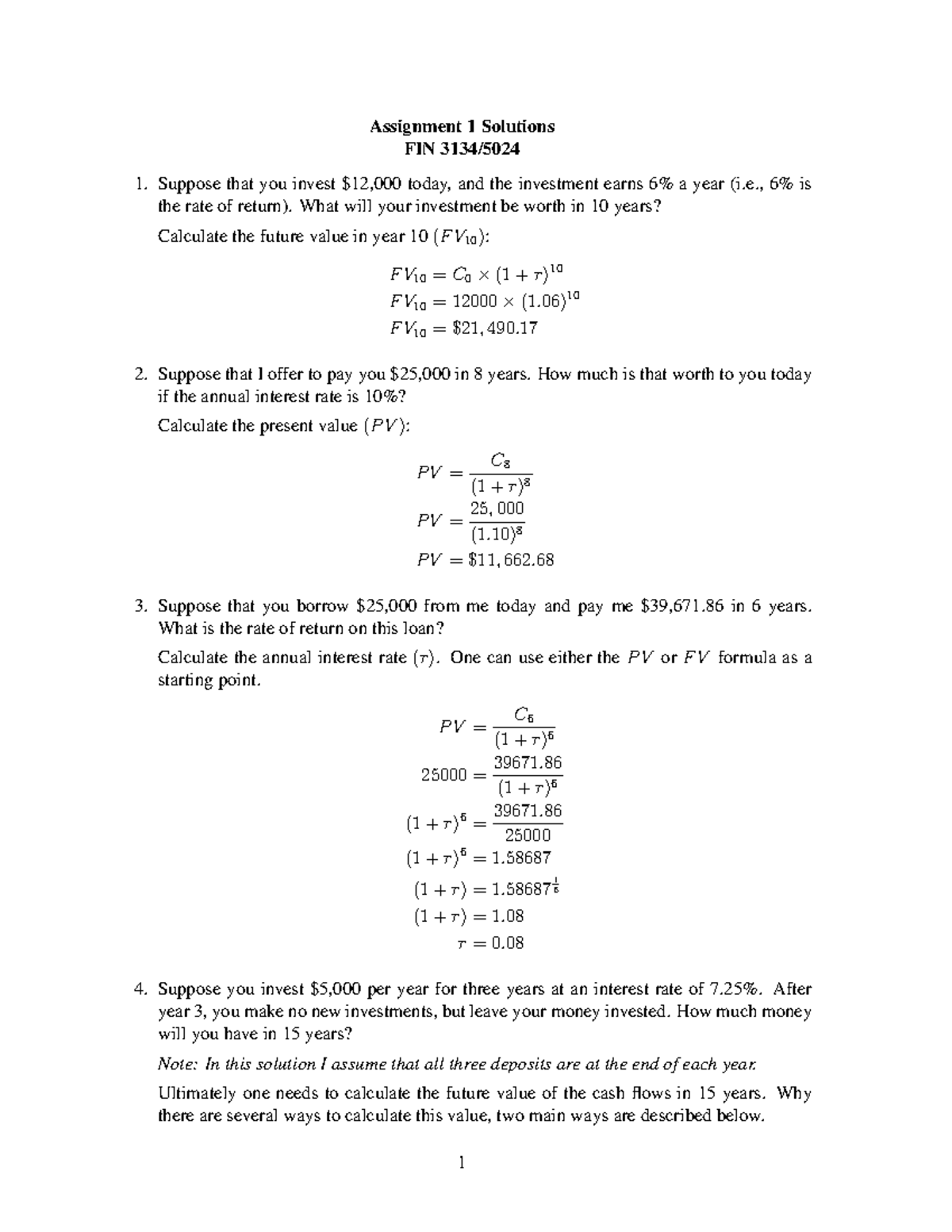 FIN 3134: Assignment 1 Solutions with Future Value Calculations - Studocu