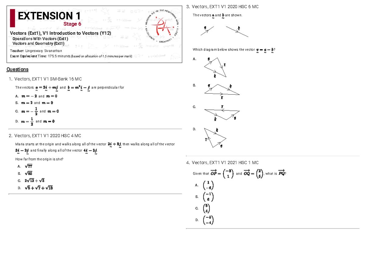 Vectors, EXT1 V1 2020 HSC Exam MC Questions and Solutions - Studocu