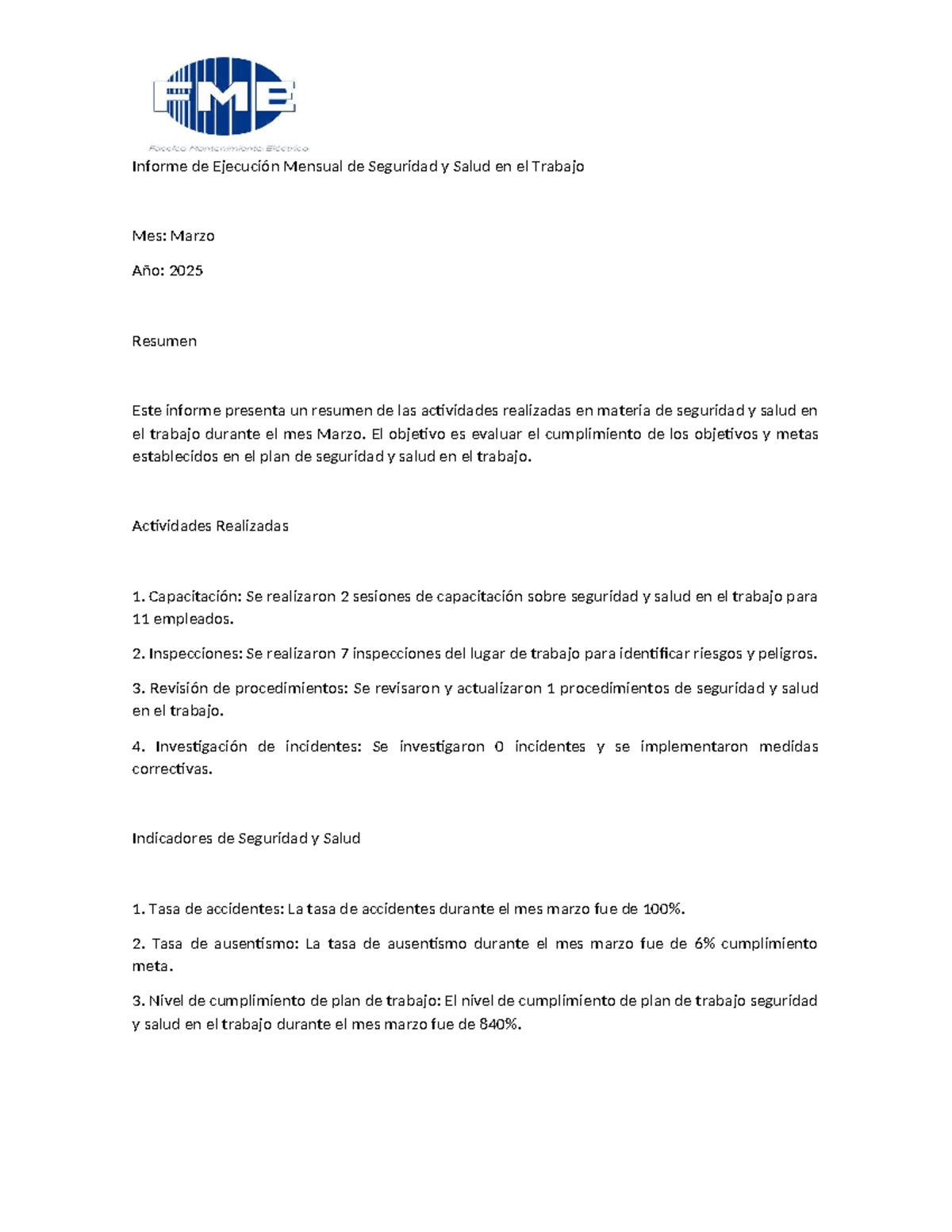 Informe de Ejecución Mensual de Seguridad y Salud en el Trabajo ...
