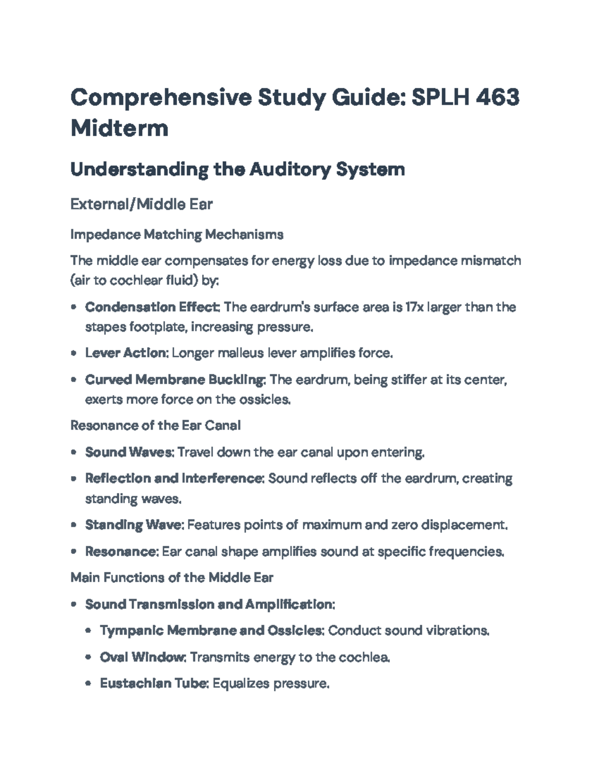 Comprehensive Study Guide: SPLH 463 Midterm on Auditory System ...