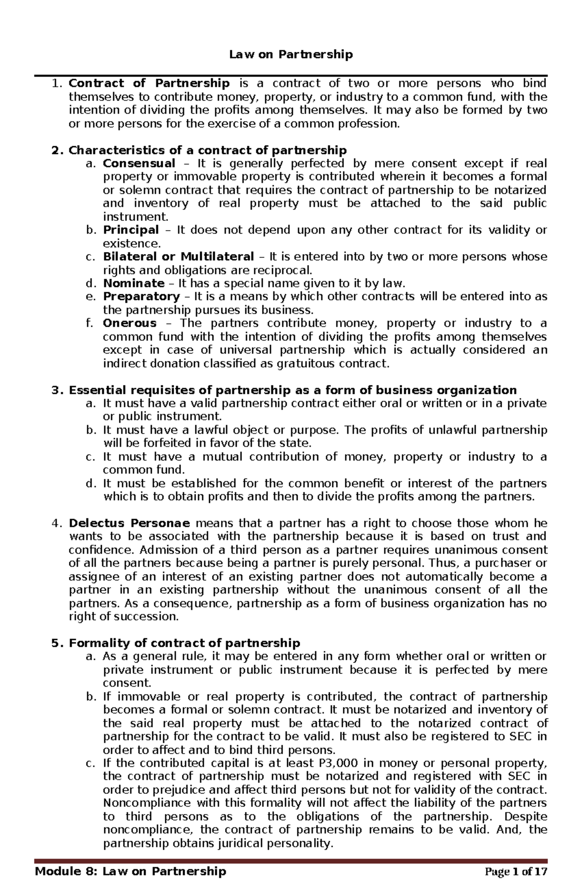 Module 8: Law on Partnership - Comprehensive Overview and Key Concepts ...