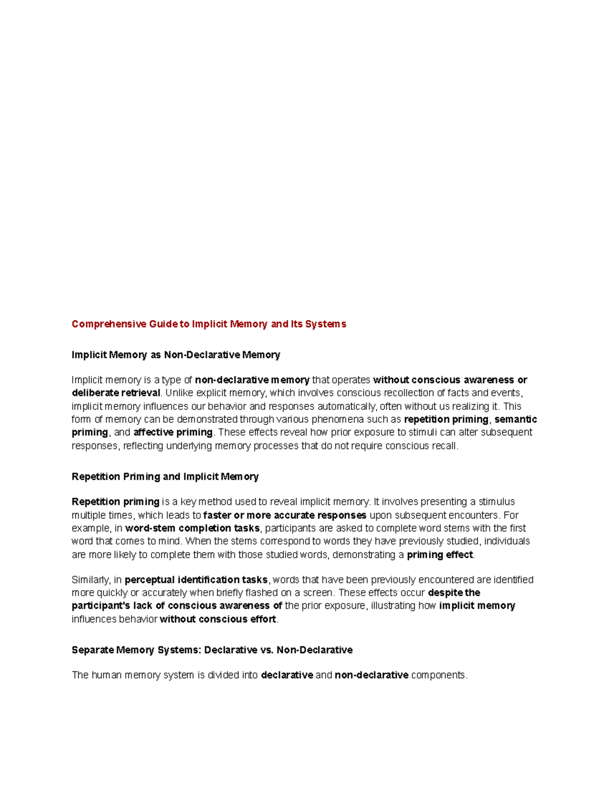 Comprehensive Guide to Implicit Memory and Its Systems - Studocu
