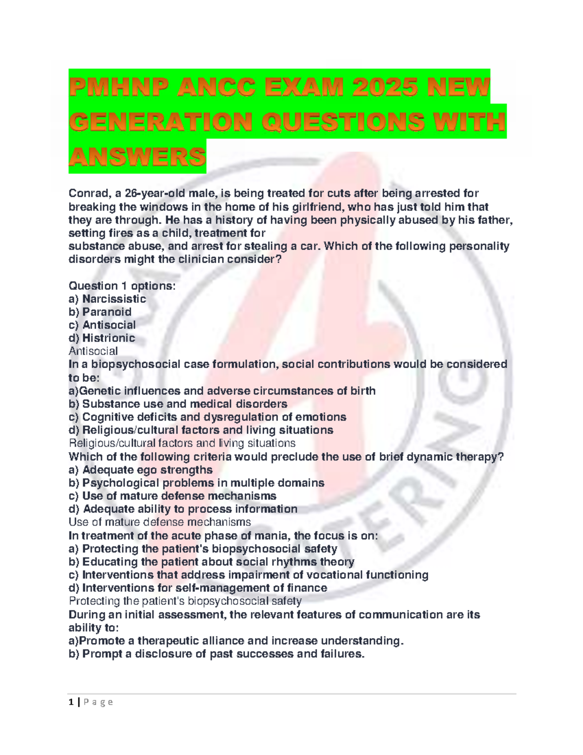Pmhnp ANCC Exam 2025: New Generation Questions & Answers - Studocu