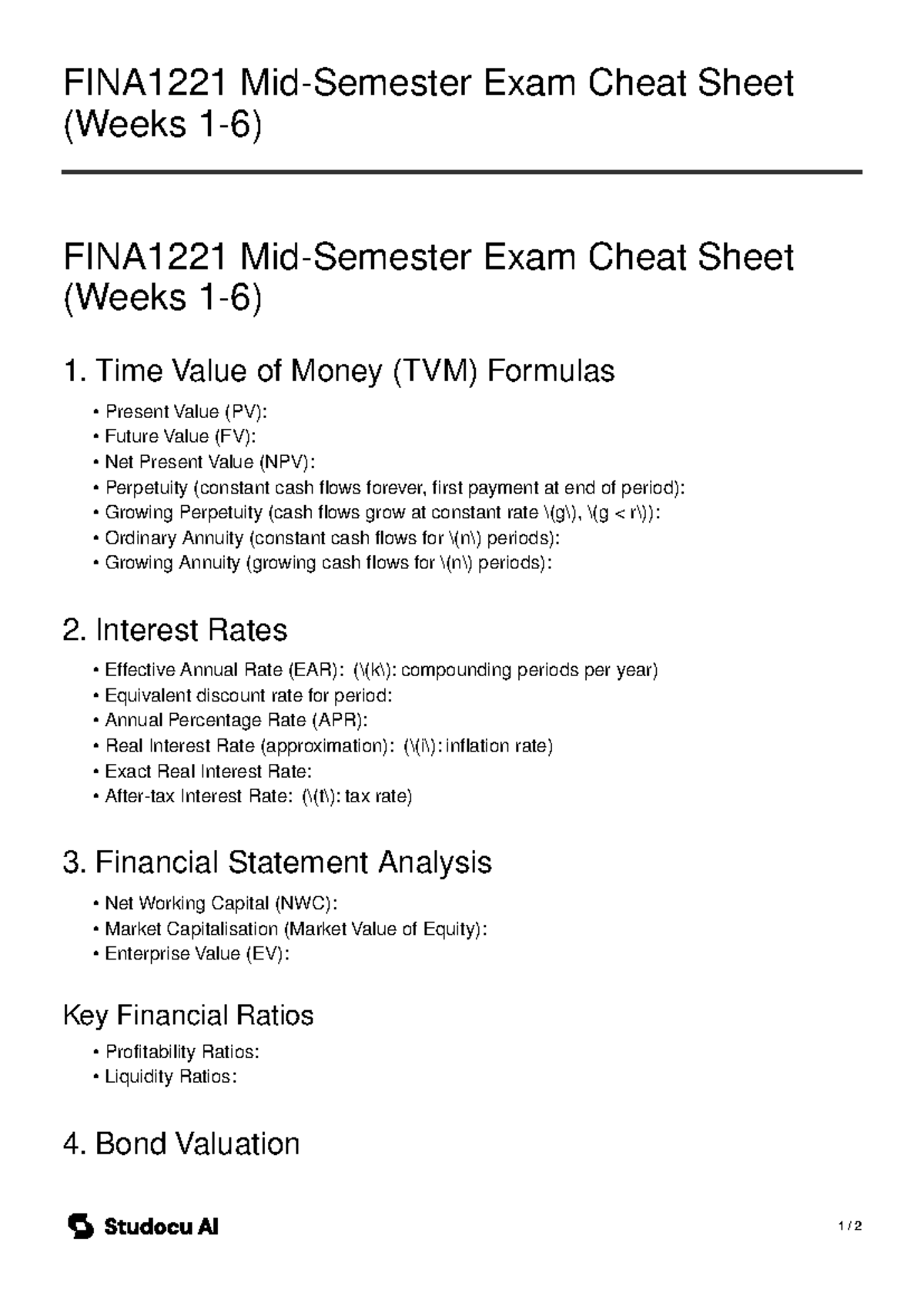 FINA1221 Mid-Semester Exam Cheat Sheet (Weeks 1-6) - Studocu