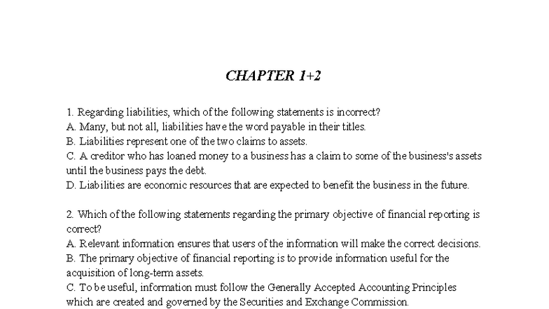 Testbank Acc - Chapter 1 & 3 Quiz Questions and Answers - Studocu