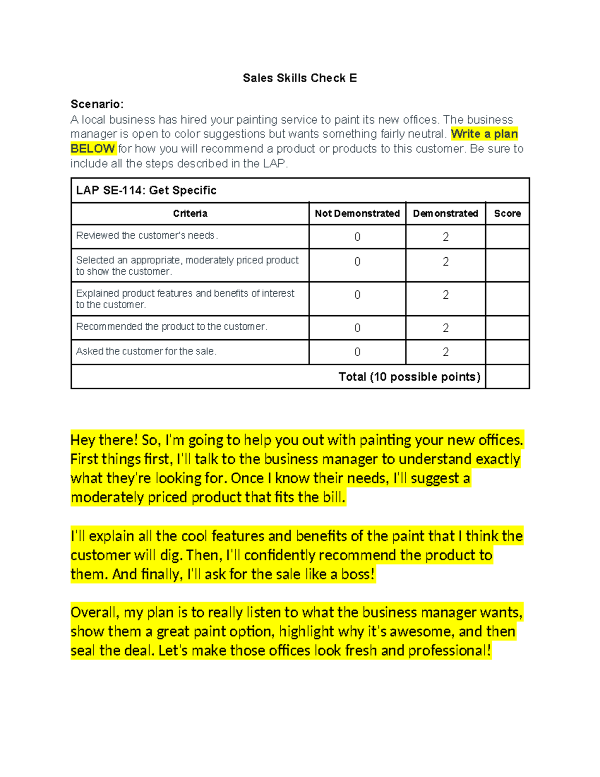 Sales Skills Check E: Practical Plan for Product Recommendation (SE-114 ...