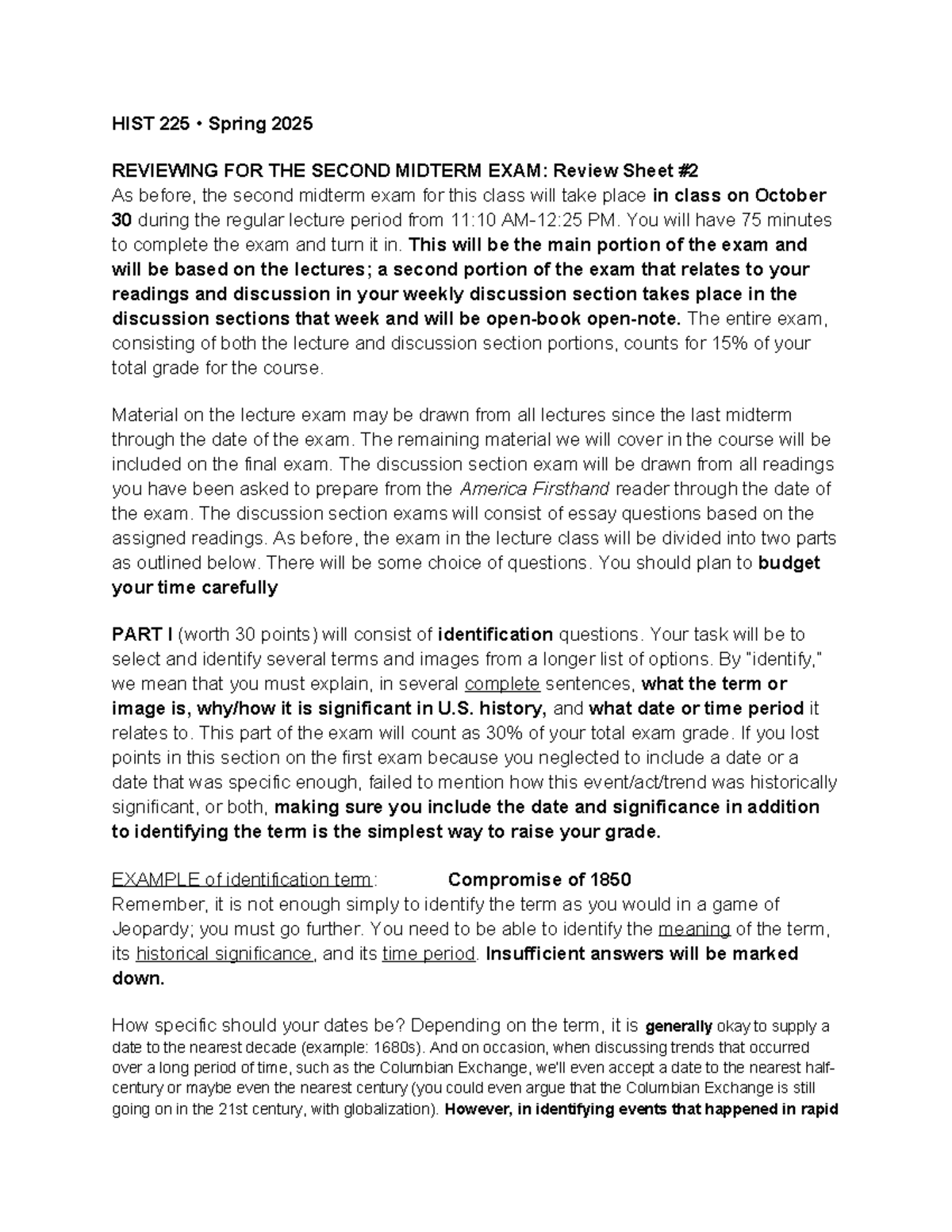 HIST 225 Spring 2025 Midterm Exam Review Sheet: Key Themes & Concepts ...