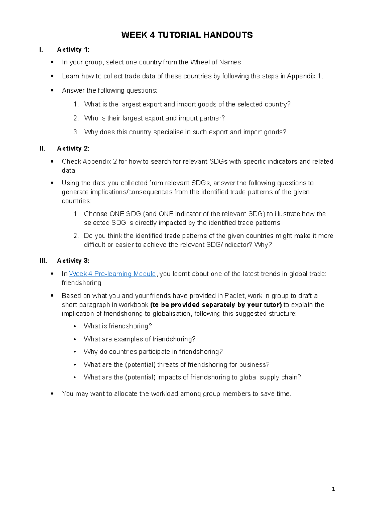 Week 4 Tutorial Handouts - WEEK 4 TUTORIAL HANDOUTS I. Activity 1: In ...