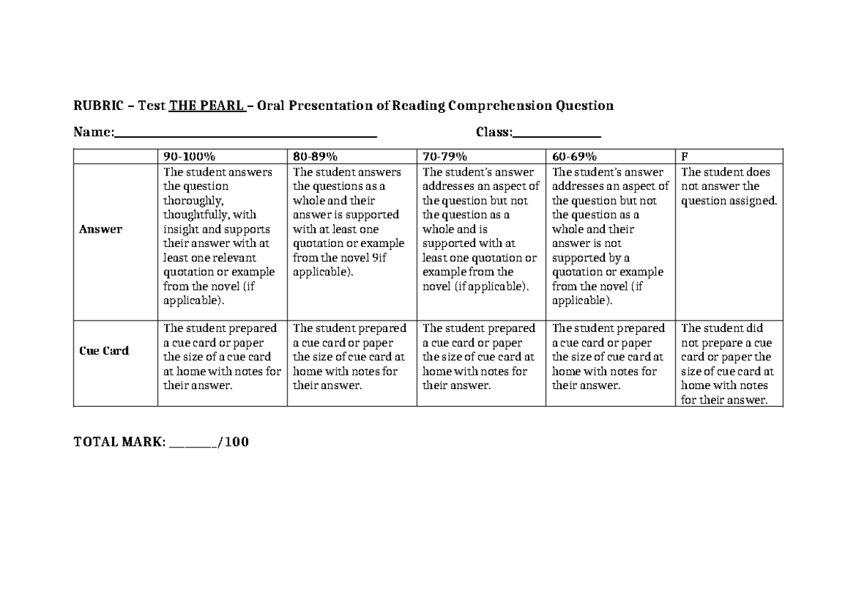 RUBRIC for THE PEARL Oral Presentation Assessment - Studocu