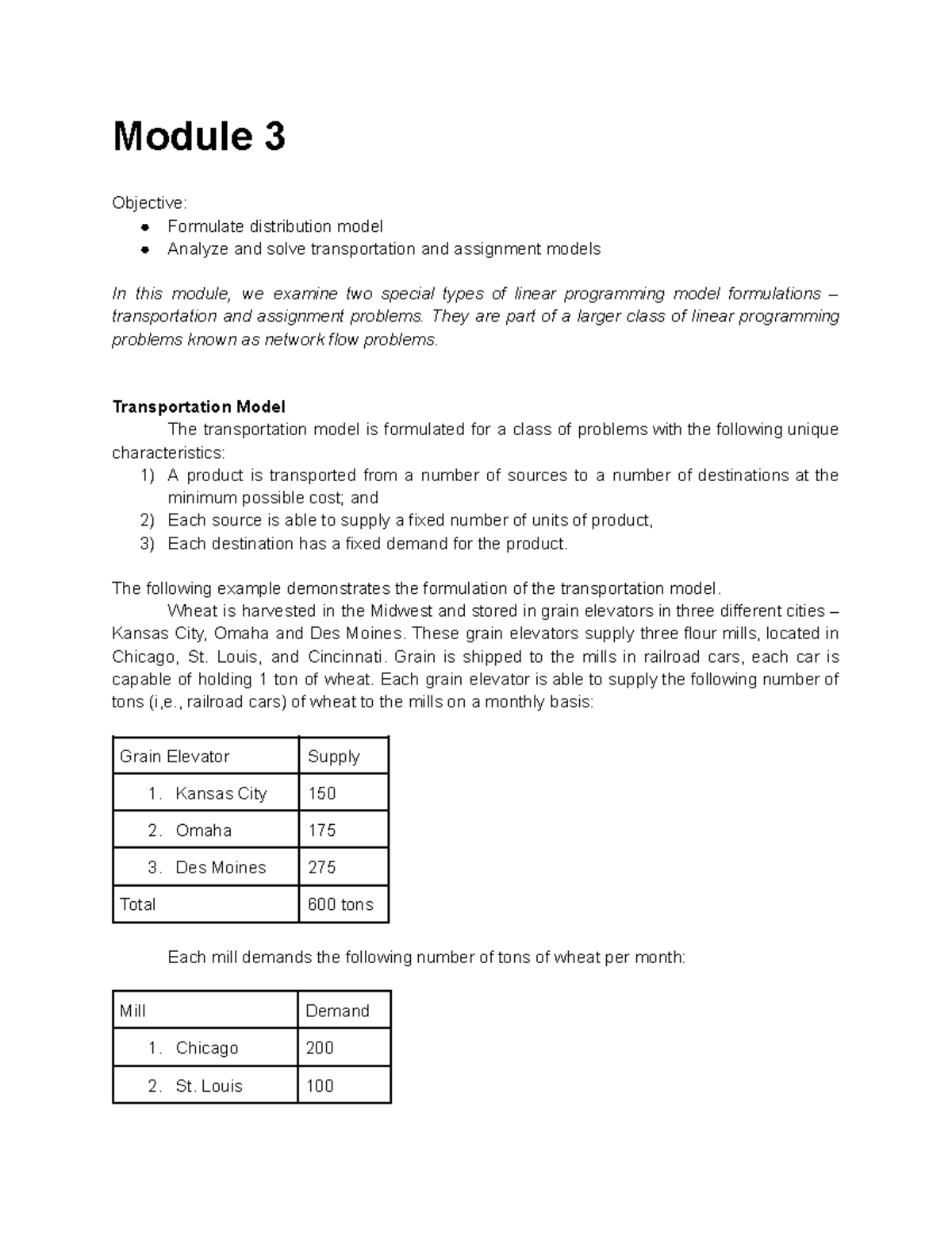 Module 3 - Transportation & Assignment Model Analysis - Studocu