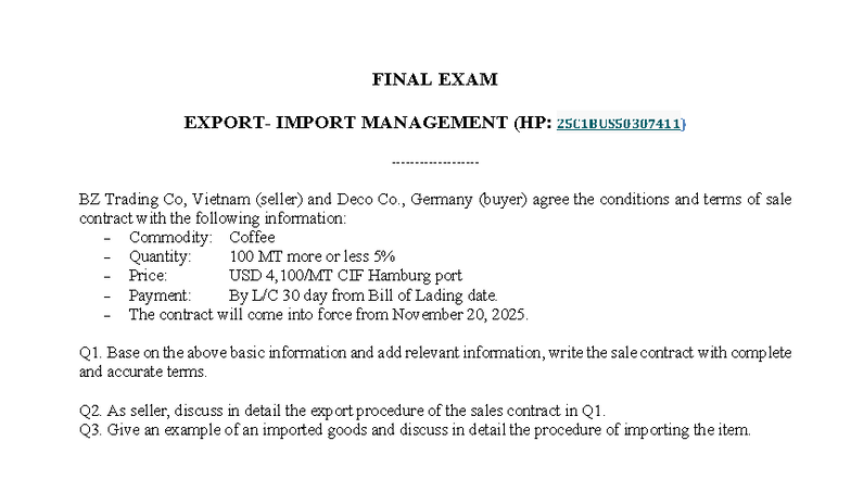 FINAL EXAM: EXPORT IMPORT MANAGEMENT (25C1BUS50307411) - Studocu