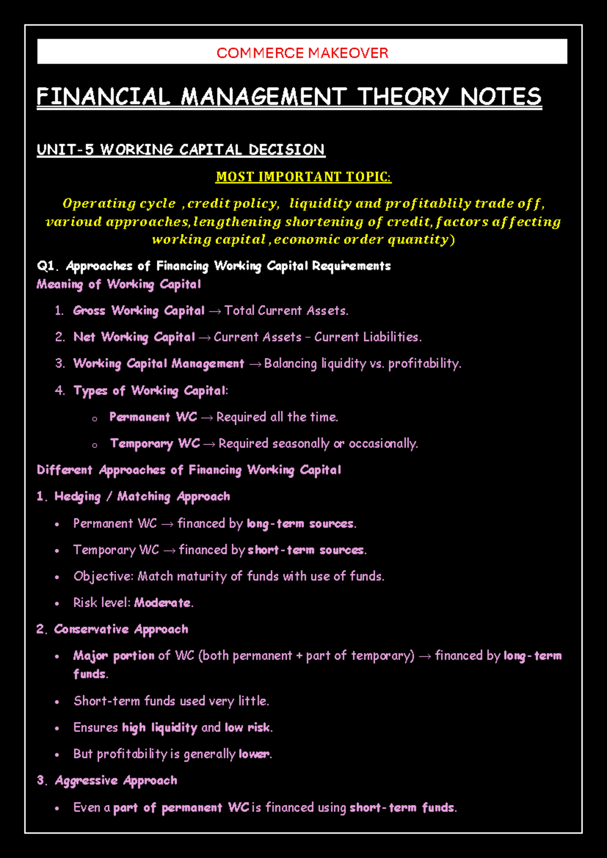 Theory Notes on Financial Management (FM) - Working Capital Decisions ...