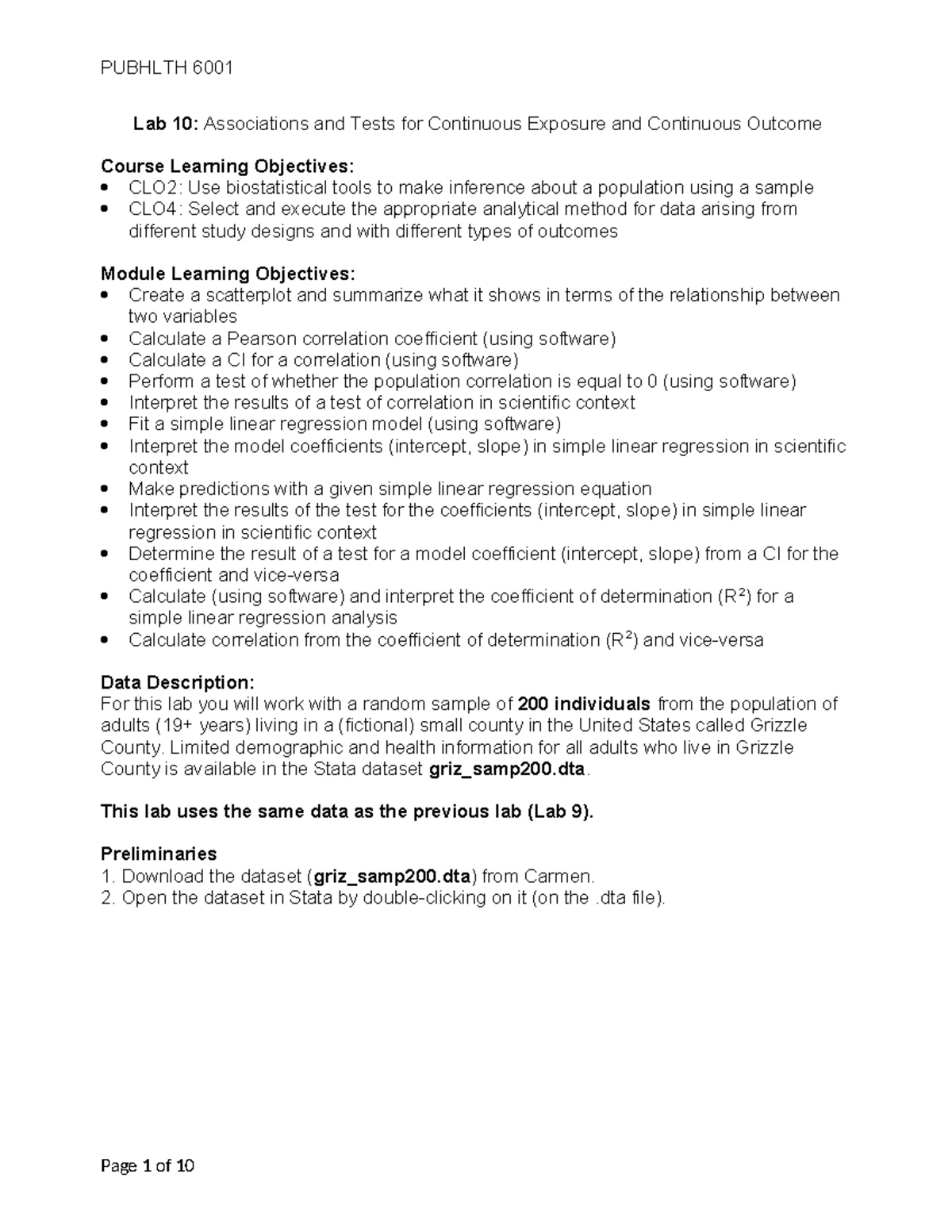 Lab 10 Assignment for PUBHBIO 6270: SAS Data Analysis Tasks - Studocu