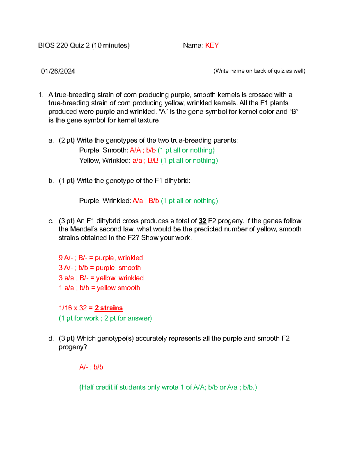 BIOS 220 Quiz 2 Key: Genetics of Kernel Color and Texture - Studocu
