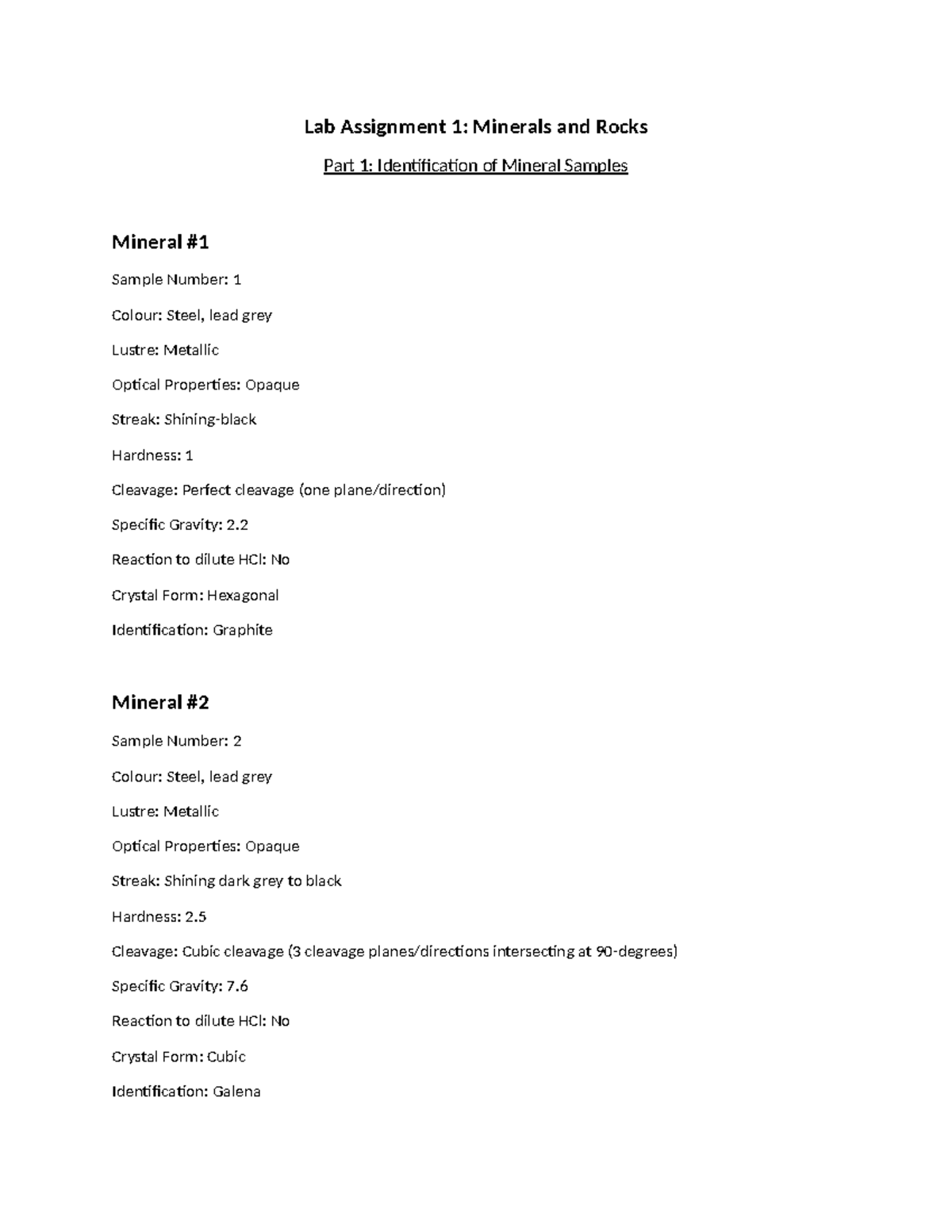 Lab Assignment 1: Identification of Minerals in GEOL200 - Studocu