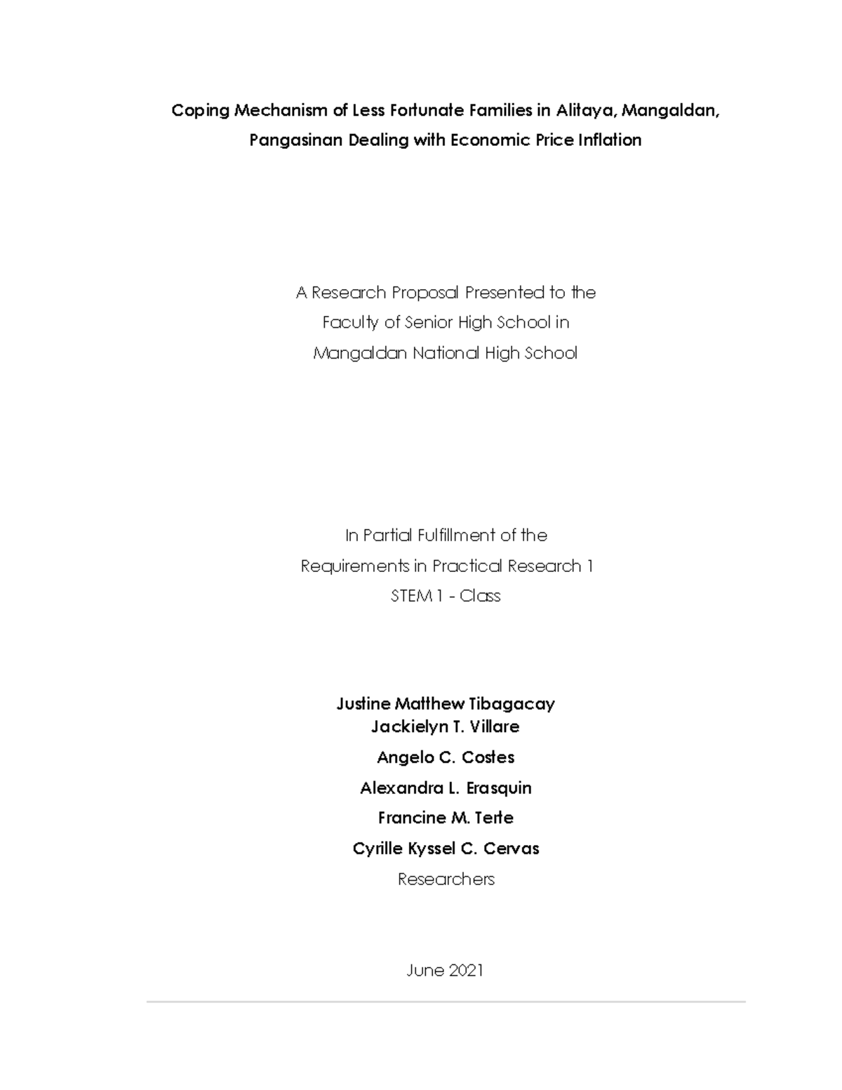 Coping Mechanisms of Less Fortunate Families in Alitaya, Pangasinan: A ...
