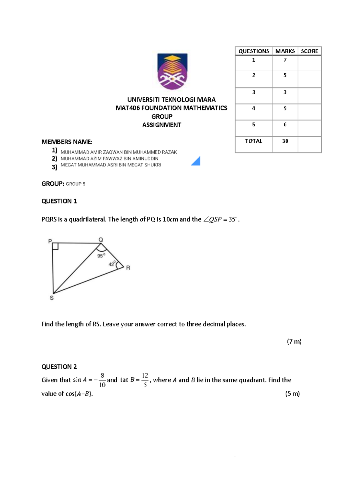 MAT406 Foundation Mathematics Group Assignment Questions and Solutions ...